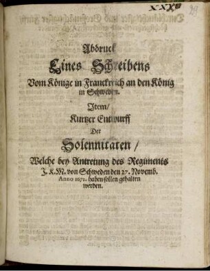 Abdruck Eines Schreibens Vom Könige in Franckreich an den König in Schweden