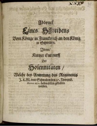 Abdruck Eines Schreibens Vom Könige in Franckreich an den König in Schweden