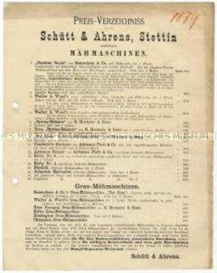 Preisliste über Mähmaschinen