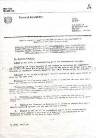 Kopie eines Protokolls der UN-Vollversammlung zu einer Resolution der DDR und anderer Staaten zum einem Vertrag über das Verbot der Stationierung von Waffen im Weltraum