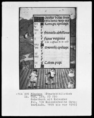 Gebetbuch mit Kalender — Kalenderseite Oktober mit einer Miniatur, Folio 10verso