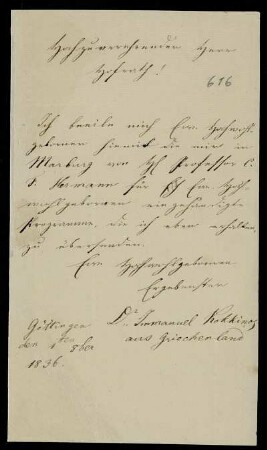 Brief von Immanuel Kokkinos an Karl Otfried Müller, Göttingen, 1.10.1836