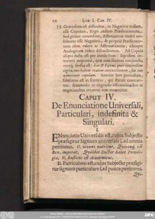 Caput IV. De Enunciatione Universali, Particulari, indefinita & Singulari.