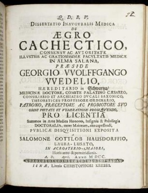 Dissertatio Inauguralis Medica De Aegro Cachectico