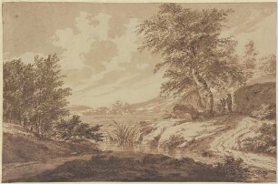 Landschaft mit einem Fluss, rechts ein Felsstück unter Bäumen, dabei ein Mann mit einem Knaben, der eine Lanze hält
