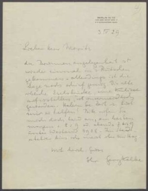 Brief von Georg Kolbe an Andreas Moritz