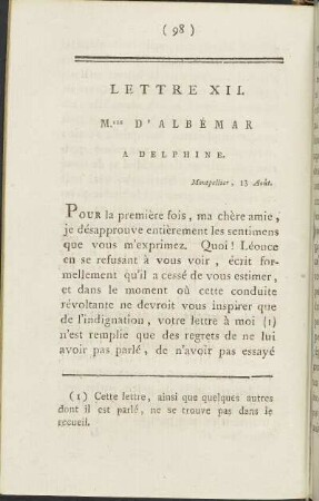 Lettre XII. Mlle. d' Albémar à Delphine, Montpellier 13 Août.