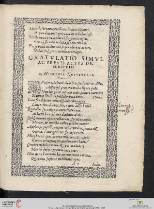 Gratvlatio simvl ac brevis actvs descriptio a M. Hieremia Krevtterer Phorcensi