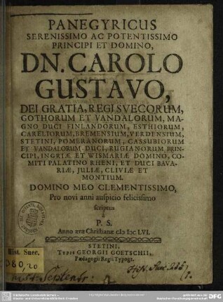 Panegyricus Carolo Gustavo regi Suecorum scriptus a P. S.