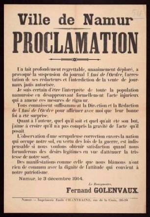 "Ville de Namur, Proclamation." Stellungnahme zur Schließung der Zeitung "l'Ami de l'Ordre" (s. Nr. 574)