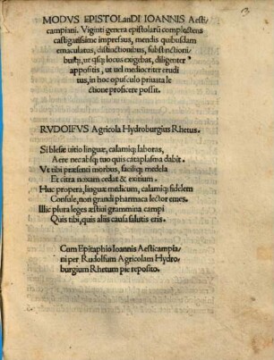 Modvs Epistolandi Ioannis Aesticampiani : Viginti genera epistolaru[m] completens castigatissime impressus, mensdis quibusdam emaculatus, distinctionibus, substinctionibusq[ue], ut q[uis]q[ue] locus exigebat, diligenter appositis, ut uel mediocriter eruditus, in hoc opusculo priuata lectione proficere possit