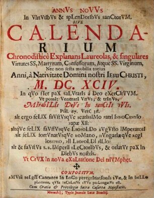 Annus novus in virtutibus et splendoribus Sanctorum : Sive Calendarium chronodistiche explanans laureolas