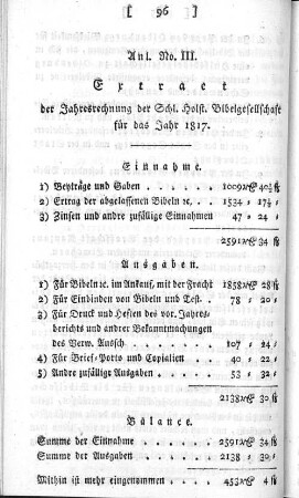 Anl. No. III. Extract der Jahresrechnung der Schl. Holst. Bibelgesellschaft für das Jahr 1817.