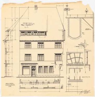 Fassaden der nach dem Brand am 17. Juni 1915 wiederaufgebauten Häuser, Duderstadt: Aufriss: Ansicht von der Straße 1:50; Fassadenschnitte horizontal und vertikal 1:50; Details 1:10: Ladentür, Firmenschild