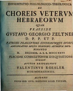 Dissertatio Philologico-Theologica De Choreis Veterum Hebraeorum