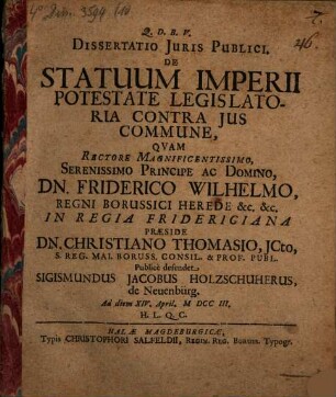 Dissertatio Juris Publici, De Statuum Imperii Potestate Legislatoria Contra Jus Commune