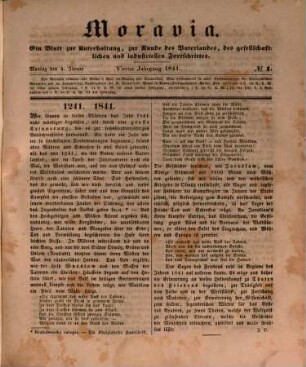 Moravia : ein Blatt zur Unterhaltung, zur Kunde des Vaterlandes, des gesellschaftlichen und industriellen Fortschrittes. 4, 4. 1841