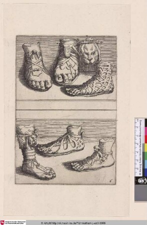 [Mit Sandalen bekleidete Füße mit Löwenmaske; Sandalled feet with lion`s mask]