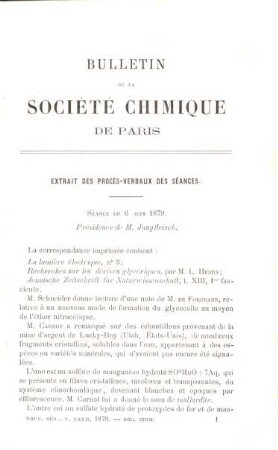 Bulletin de la Société Chimique de Paris : comprenant le Procès-verbal des séances, les Mémoires prés. à la Soc., l'Analyse des travaux de chimie pure et appliquée publ. en France et à l'étranger. 32. 1879
