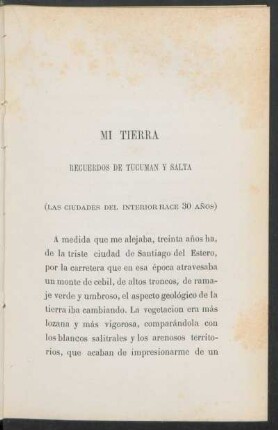 Mi tierra: Recuerdos de Tucumán y Salta : (Las ciudades del interior hace 30 años)