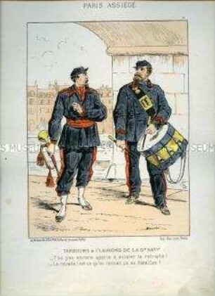 Karikatur, Trompeter und Tambour der National-Garde, Frankreich 1870. Tafel 13 aus: Paris assiégé. Scènes de la vie parisienne pendant le siège.