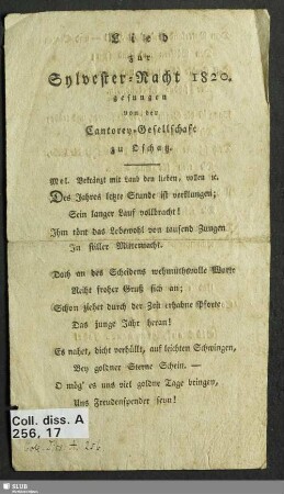 Lied zur Sylvester-Nacht 1820 gesungen von der Cantorey-Gesellschaft zu Oschatz