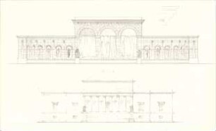 Gärtner, Friedrich von; Badehaus-Anlage - Ansicht, Schnitt, Detail