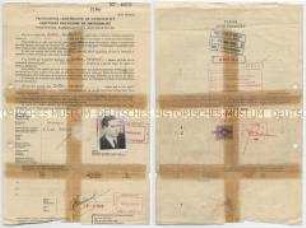Vorläufige Nationalitäts-Bescheinigung zur Entlassung eines Deutschen aus der Kriegsgefangenschaft in Frankreich, mit Visastempel (englisch, französisch, deutsch)