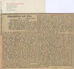 Artikel "Schauspielerei und Film", Berliner Tageblatt (15.01.1915)