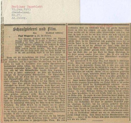 Artikel "Schauspielerei und Film", Berliner Tageblatt (15.01.1915)