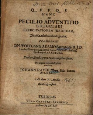 Hanc De Peculio Adventitio Irregulari Exercitationem Juridicam