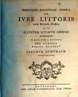 Diss. inaug. ... de iure littoris, vom Strand-Rechte