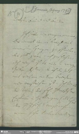 Eigenh. Brief von Johann Carl Fürchtegott Schlegel an August Wilhelm von Schlegel, Hannover, Anfang 1795