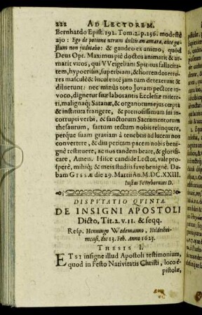 Disputatio Quinta. De Insigni Apostoli Dicto [...]