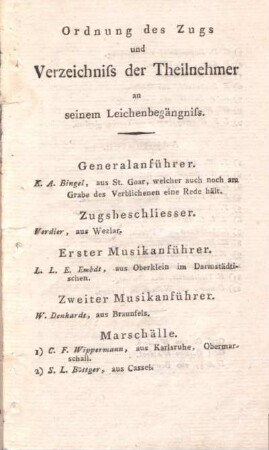 Ordnung des Zugs und Verzeichniss der Theilnehmer an seinem Leichenbegängniss.