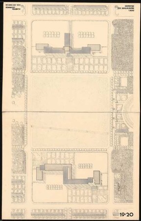 Siedlungsplan mit Schulhausgruppe Schinkelwettbewerb 1931: Isometrie der Schulgruppe 1:500