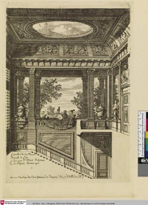 L Escallier de La Maison Roijalle de Lóo; [Vestibül mit Treppe, Wandgemälden, Skulpturen und Vasen]