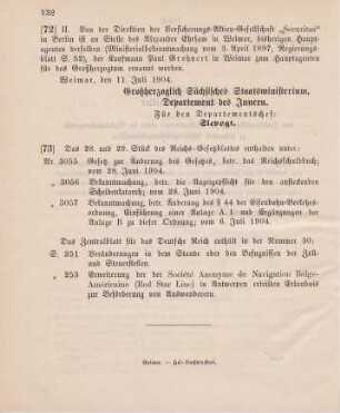 72. Ministerialbekanntmachung, betreffend Wechsel in der Hauptagentur der Versicherungs-Aktien-Gesellschaft "Securitas" in Berlin
