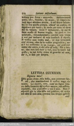Lettera CCCXXXII. Signora mia!