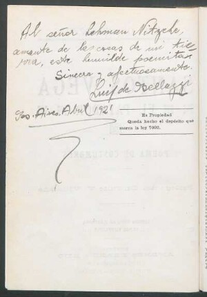 [Dedicatoria manuscrita al señor Robert Lehmann Nitsche]
