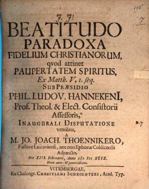 Beatitudo paradoxa fidelium christianorum, quod attinet paupertatem spiritus : ex Matth. V, 1.seq.