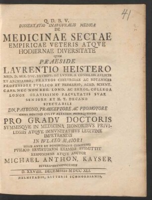 Dissertatio Inavgvralis Medica De Medicinae Sectae Empiricae Veteris Atqve Hodiernae Diversitate