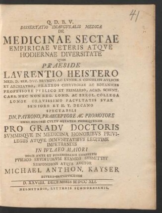Dissertatio Inavgvralis Medica De Medicinae Sectae Empiricae Veteris Atqve Hodiernae Diversitate
