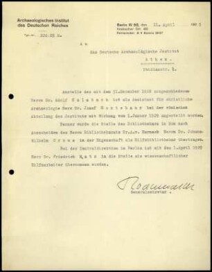 G. Rodenwaldt an DAI Athen