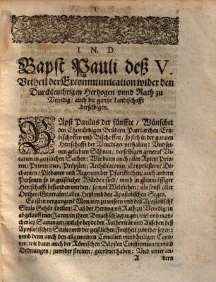 Excommunication oder Bannbrieff ... wider den ... Hertzog, Rath, vnd gantze Gemein zu Venedig ...