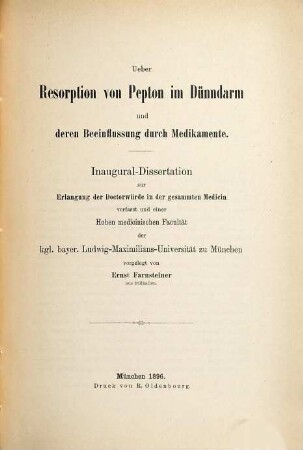 Ueber Resorption von Pepton im Dünndarm und deren Beeinflussung durch Medikamente ...