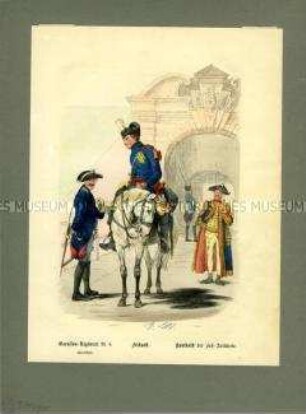 Feldpostillon, Unteroffizier vom Garnison-Regiment No. VIII, Hoboist der Artillerie, Preußen um 1780. Aus Lange/Menzel: Die Soldaten Friedrichs des Großen.