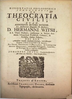 Dissertatio Philosophica Inauguralis, De Theocratia Civili