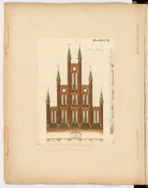 Rathaus Monatskonkurrenz Mai 1878: Aufriss des Giebels (Vorderansicht) mit Vertikalschnitt und Horizontalschnitt; Maßstabsleiste