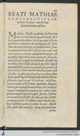 Beati Mathiae Apostoli Vita.